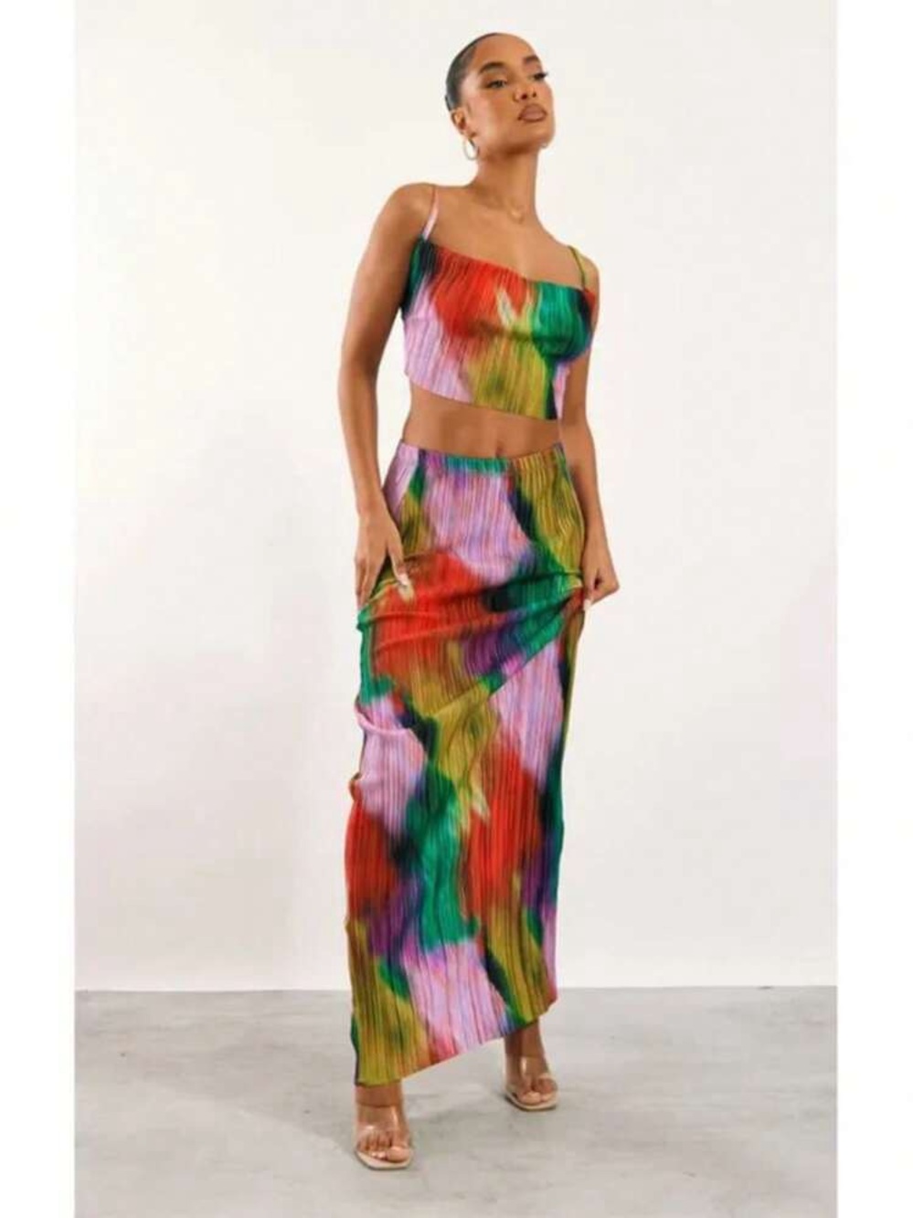 Commense Multicolor Pleated Crop Top Maxi Skirt Set - Red, Green, Purple, Size L